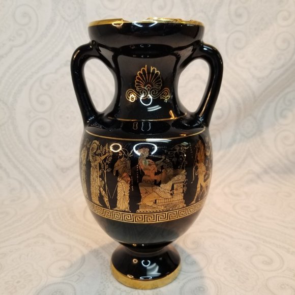 1960s I. Spyropoulos Greek Black Urn Handled Vase 24k Gold Detailing Handmade - Picture 7 of 11